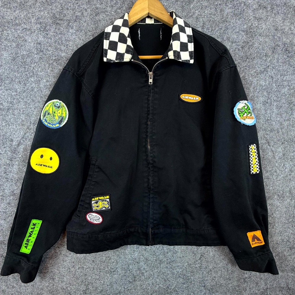 90s Style Airwalk Skater Jacket Mens Black Checkered Collar Patches Grunge